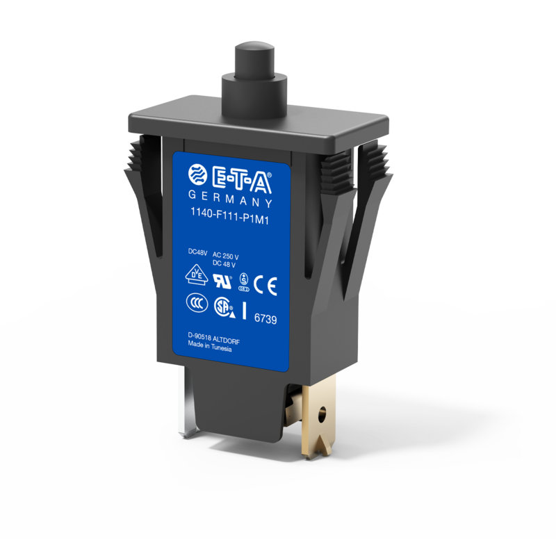 Typ 1140-F von E-T-A: Einpoliger, thermischer Schutzschalter in Kleinbauweise mit zuverlässigem Schaltverhalten.