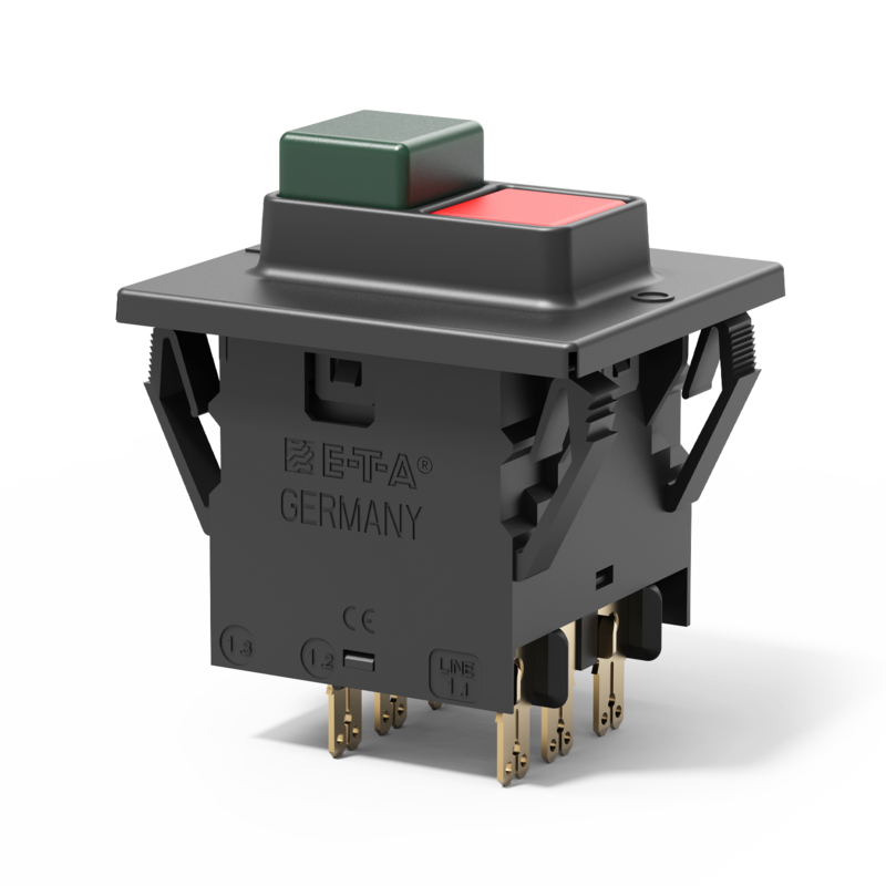 Typ 3140 von E-T-A: Kombination 3-poliger Schutzschalter/Ein-Aus-Schalter mit Druckknöpfen, Frontmontage. 