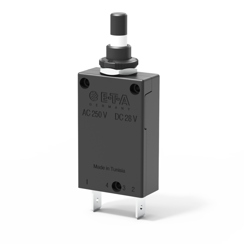 Typ 2-5700 von E-T-A: Einpoliger, thermischer Schutzschalter mit verschiedenen Montagemöglichkeiten.