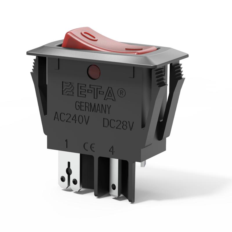 Typ 1410-F1 von E-T-A: Kombination Schutzschalter/Ein-Aus-Schalter mit beleuchteter Schaltwippe, einpolig.